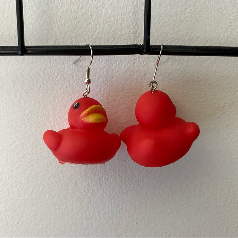 RED RUBBER DUCKY EARRINGS - Picture 1 of 4